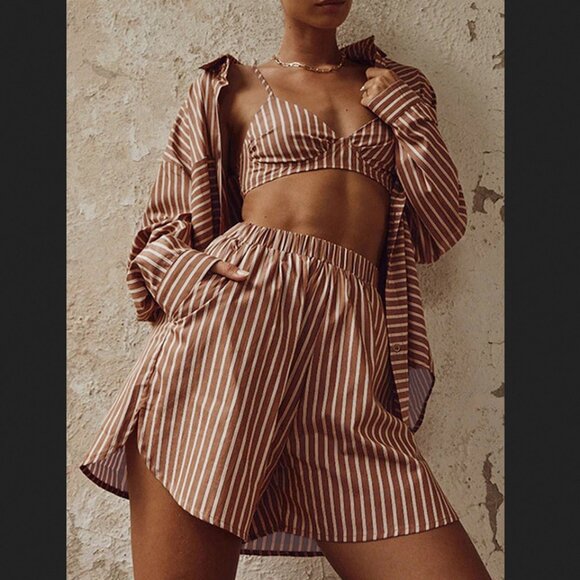 Commense Pants - Commense XS Brown White Striped 3 Piece Shorts Set Shirt Bra NEW NWT